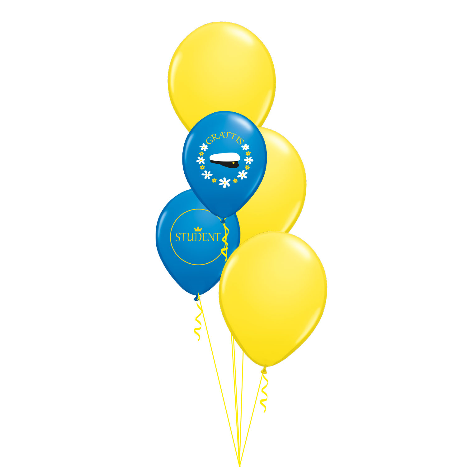 Tre stora gula latexballonger och två blå latexballonger med studentmotiv