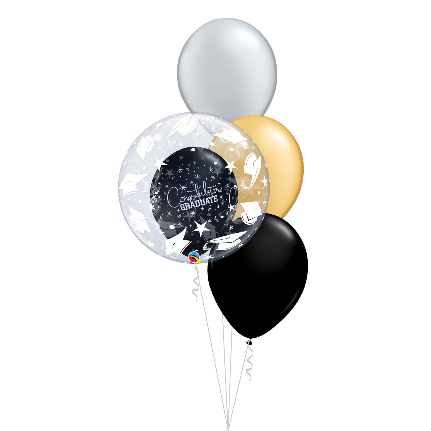 ballongbukett med tre metallic latexballonger svart guld silver och en klotrund ballong