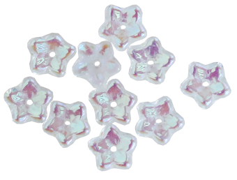 Glasblomma klar med delvis pärlemoreffekt, stjärna 10 st,  ca 8mm med hål