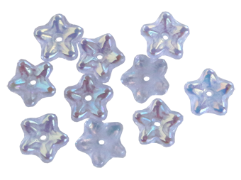 Glasblomma ljusblå med delvis pärlemor, stjärna 10 st, ca 8mm med hål