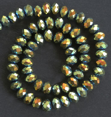 Glaspärlor facetterad rondell 6,5x4,5 mm Grön/guld, ca 65 st