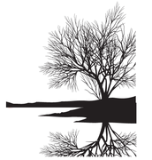 Träd vid sjö. Dekal ca 35mm bred x 40 mm hög.