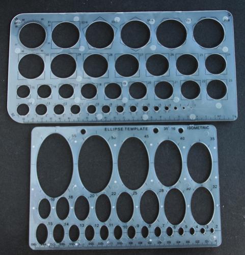 Geometriska mallar,  cirklar och ovaler i ett set.