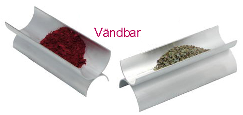 Tråg för frit och pulver. 15 cm långt, tvåsidigt.