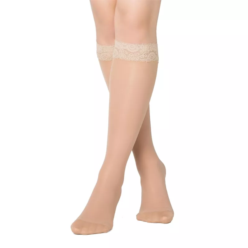 Stödstrumpor i nylon knähöga med snygg silikonkant - Funq Wear Beige