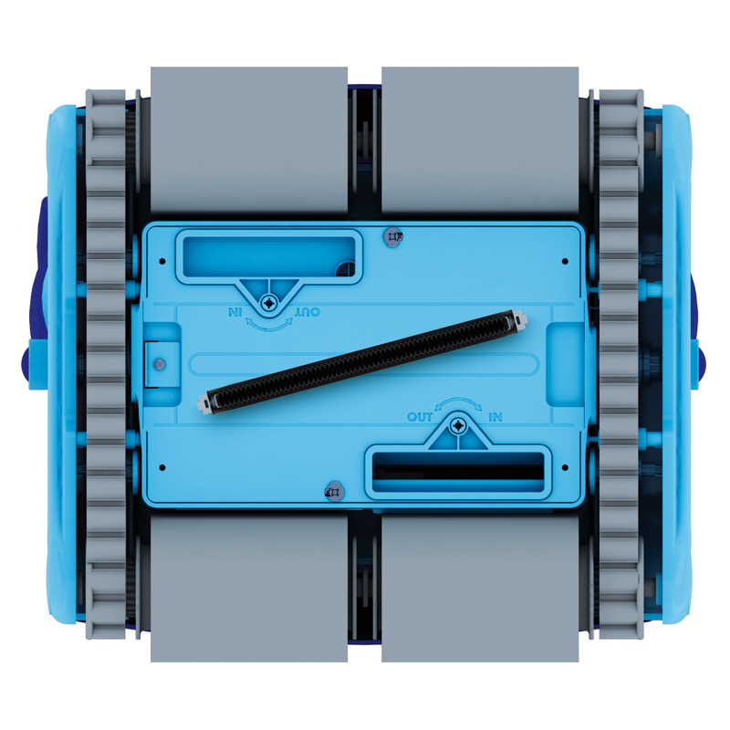 Poolrobot Pulit Advance+ 3 och advanced+ 5 med gyro teknik tredimensionella filter och dubbla drivmotorer. Detaljer undersida