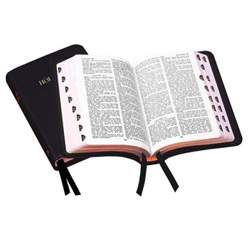 KJV, black, calf skin, two marker ribbons, thumb index 150x105x30mm