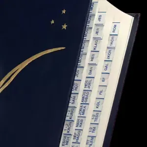 Registerflikar för Gamla och Nya Testamentet, vit botten m blå text