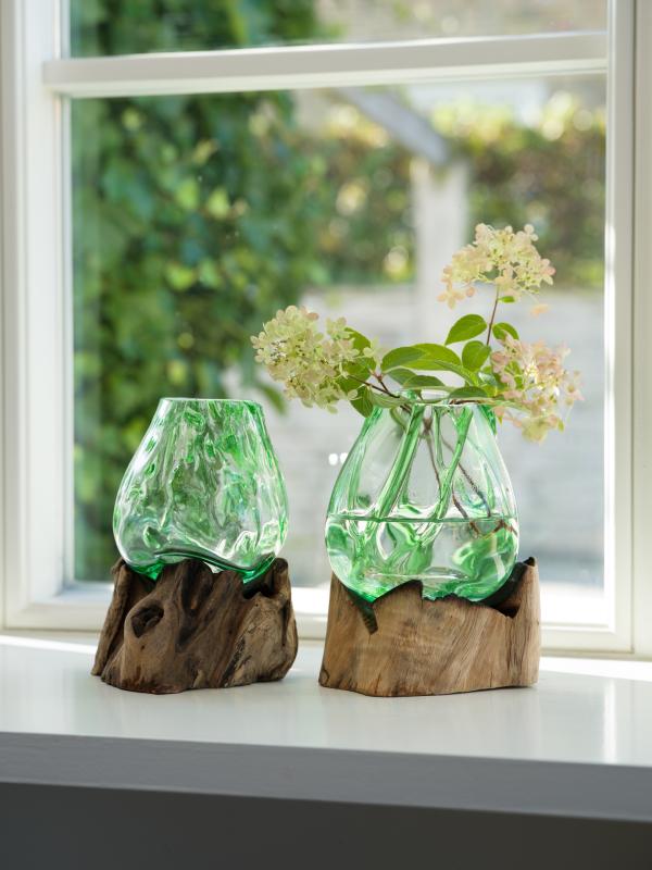 Glasvas på trädrot Grön