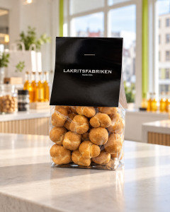 Kanderade popcorn med vit choklad och lakritspulver, 150 g