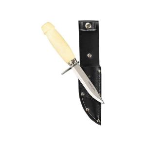 Kniv med trähandtag, parerstång och rostfritt stålblad.