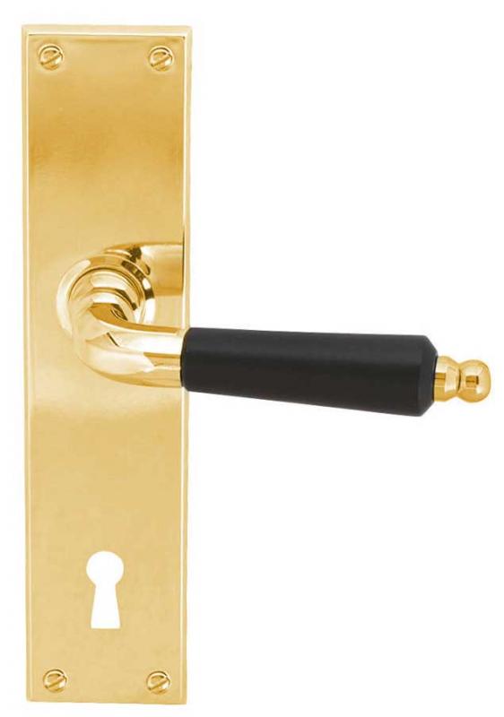 Door handle - Long plate with wooden grip brass