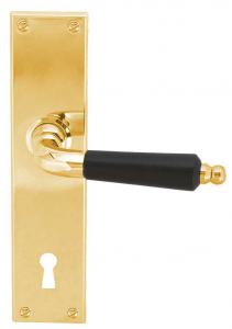 Door handle - Long plate with wooden grip brass