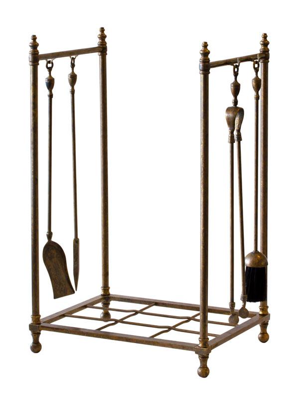 Log Rack with Fireplace Tools - Antique Brass
