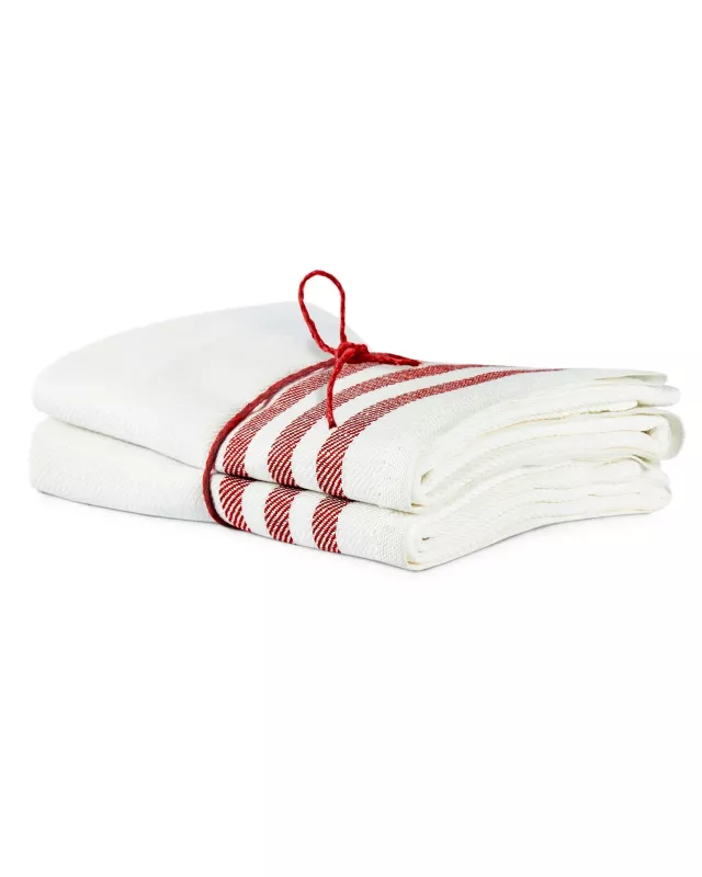 Kitchen towel 2-pcs - Linen 50 x 70 cm, diagonal offwhite/red
