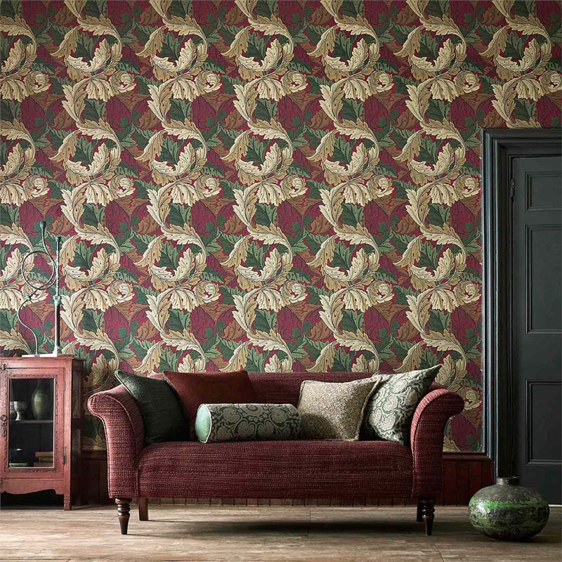 William Morris & Co. Tapet - Acanthus Madder/Thyme - arvestykke - gammeldags dekor - klassisk stil - retro - sekelskifte