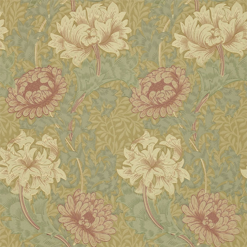 William Morris & Co. Tapet - Chrysanthemum Pink/Yellow/Green - blommig gammaldags tapet - arvestykke - gammeldags dekor - klassisk stil - retro - sekelskifte