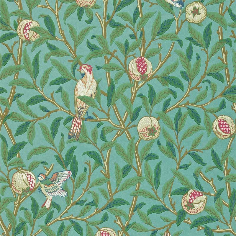 William Morris & Co. Tapet - Bird & Pomegranate Turquoise/Coral - arvestykke - gammeldags dekor - klassisk stil - retro - sekelskifte