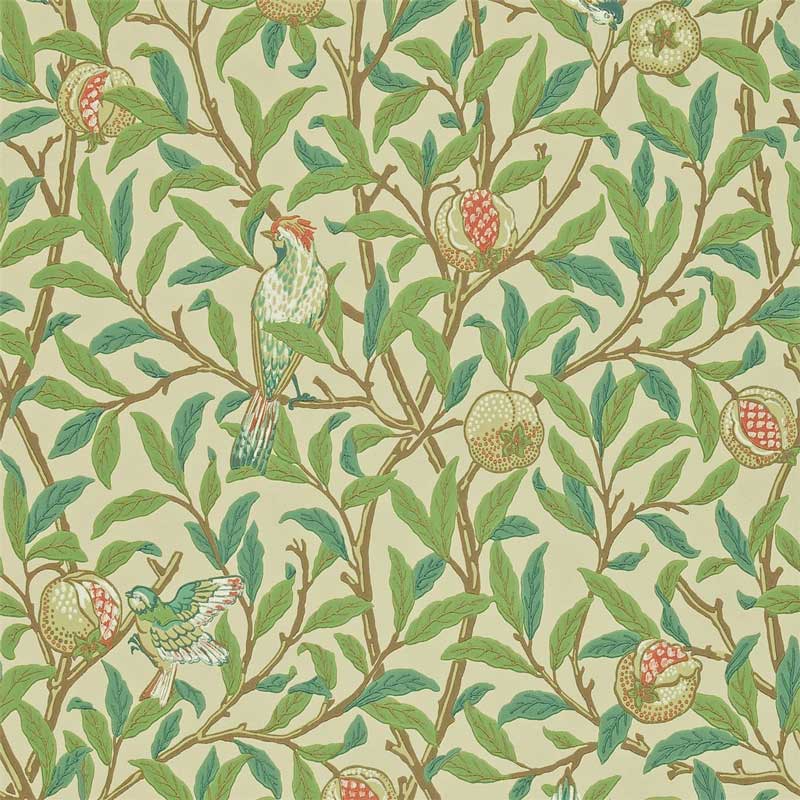 William Morris & Co. Tapet - Bird & Pomegranate Bayleaf/Cream - gammaldags inredning - klassisk stil - retro - sekelskifte