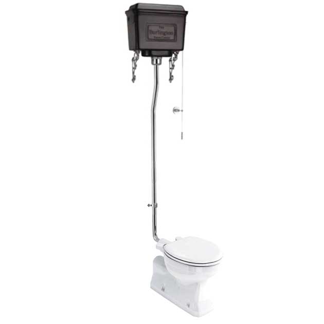 WC - Burlington højtskyllende toilet, sort metalcisterne og stol