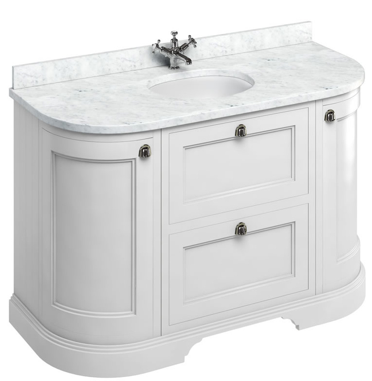 Håndvaskskab, afrundet, Burlington - 134 cm hvid/Carrara/skuffe