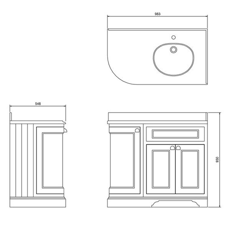 Tvättställsskåp rundat hörn Burlington - 100 cm vit/svart granit - sekelskiftesstil - gammaldags inredning - klassisk stil - retro