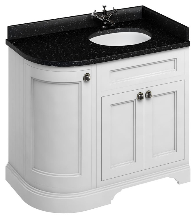 Waschbeckenunterschrank abgerundete Ecke Burlington - 100 cm weiß / schwarzer Granit