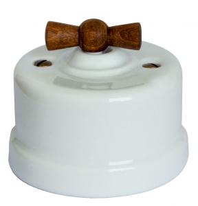 Schalter – Wechselschalter, weißes Porzellan, Drehknopf aus Holz
