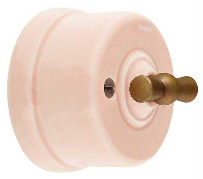 Afbryder - rosa porcelæn (Trappe/Ud/Vrider) bronzeret vrider