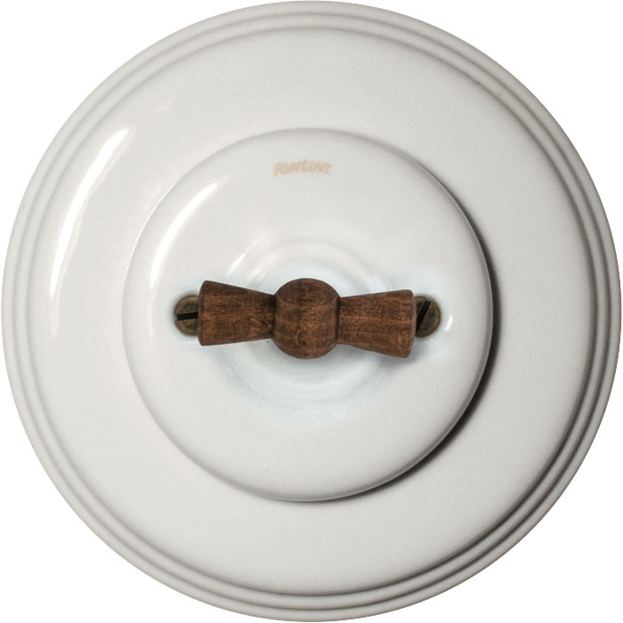 Schalter – Wechselschalter (Drehschalter), weißes Porzellan, Drehknopf aus Holz