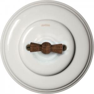 Two-way switch in white porcelain with wood knob