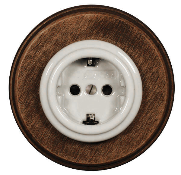 Steckdose – Weißes Porzellan mit dunkelbraunem Holzrahmen