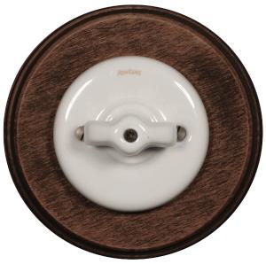 Schalter – Wechselschalter (Drehschalter), weißes Porzellan mit dunkelbraunem Holzrahmen