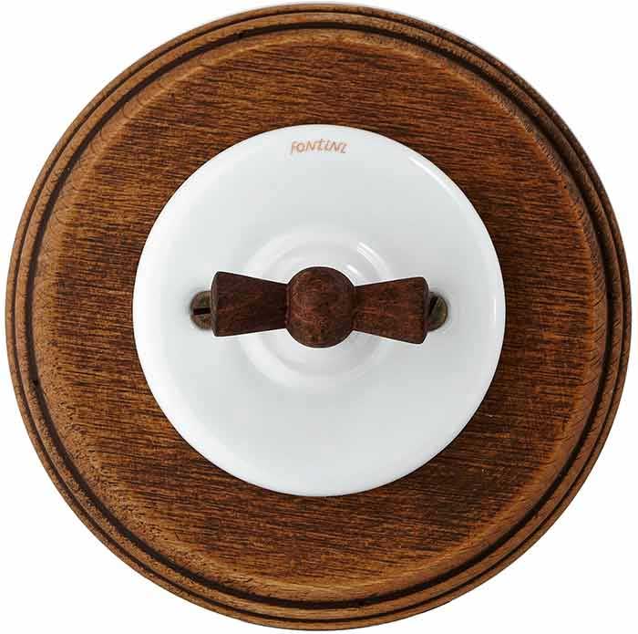 Schalter – Wechselschalter (Drehschalter), weißes Porzellan mit Drehknopf aus Holz und Holzrahmen