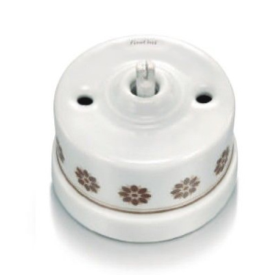 Light Switch - White Porcelain Surface-Mounted, Brown Decorative Details, without Knob