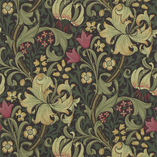 William Morris & Co. Bakgrunn - Golden Lily Charcoal / Olive - arvestykke - gammeldags dekor - klassisk stil - retro - sekelskifte
