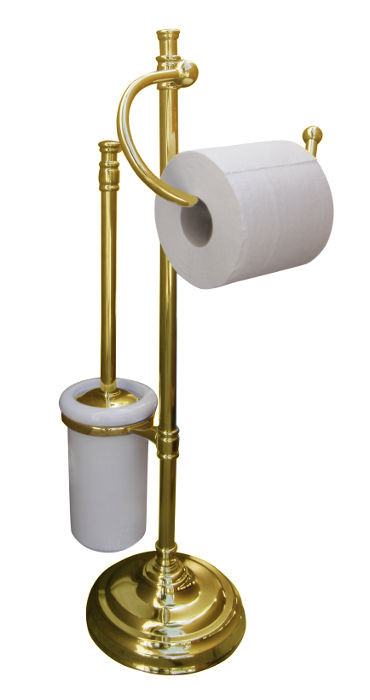 gulvstående toalettbørste og papirholder i blank messing - arvestykke - gammeldags dekor - klassisk stil - retro - sekelskifte
