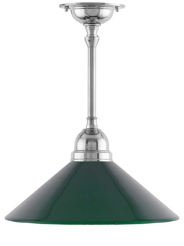 Taklampa - Byströmpendel 60, förnicklad grön skomakarskärm - gammaldags inredning - klassisk stil - retro - sekelskifte