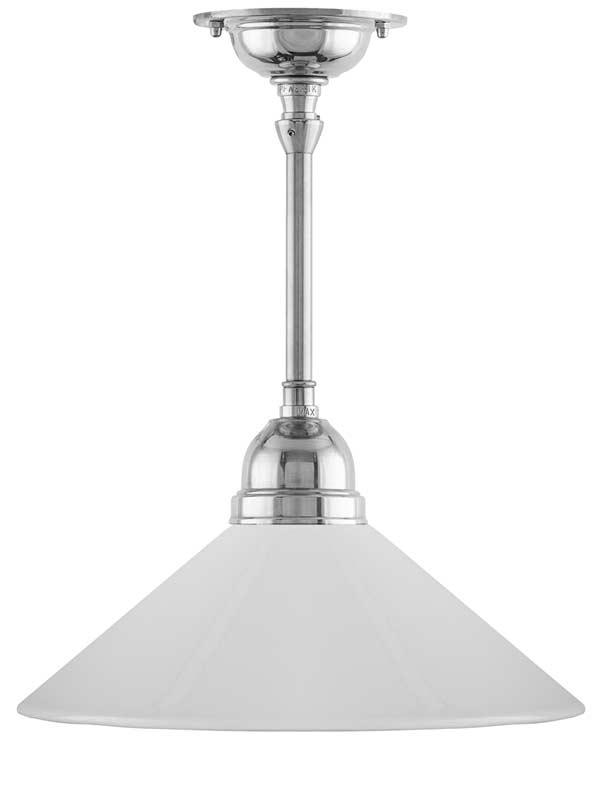 Taklampe - Byströmpendel 60 nikkel, hvit skomakerskjerm - arvestykke - gammeldags dekor - klassisk stil - retro - sekelskifte