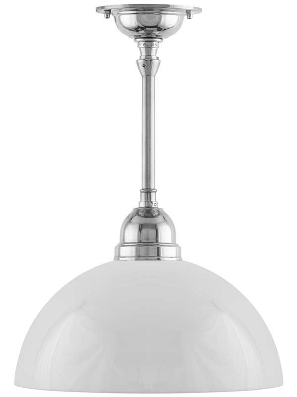 Taklampa - Byströmpendel 60, förnicklad vit halvsfär - gammaldags inredning - klassisk stil - retro - sekelskifte