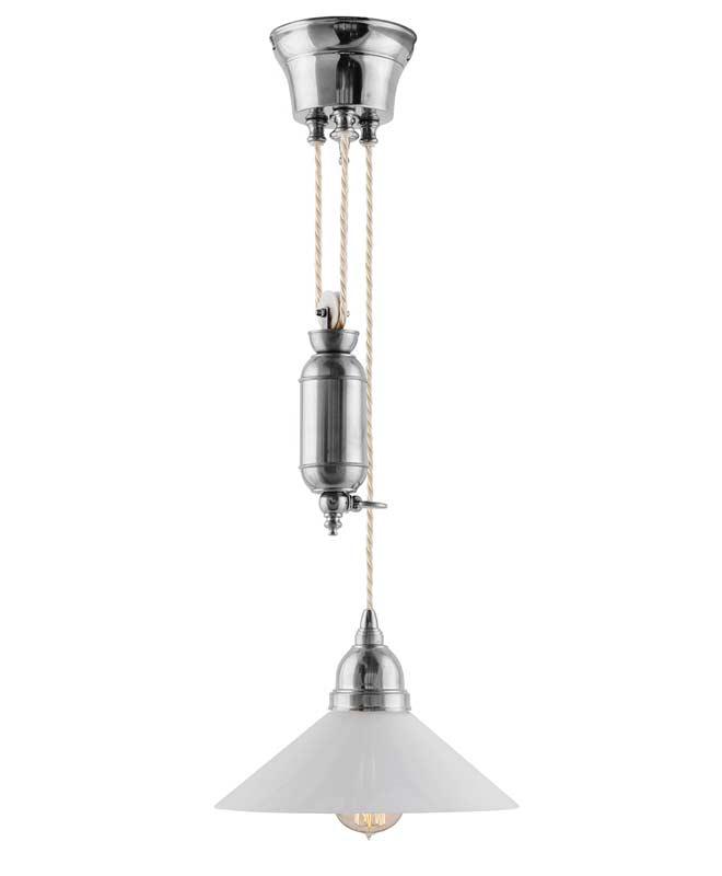 Taklampe - Skomakerlampe nikkel hvit skjerm - arvestykke - gammeldags dekor - klassisk stil - retro - sekelskifte