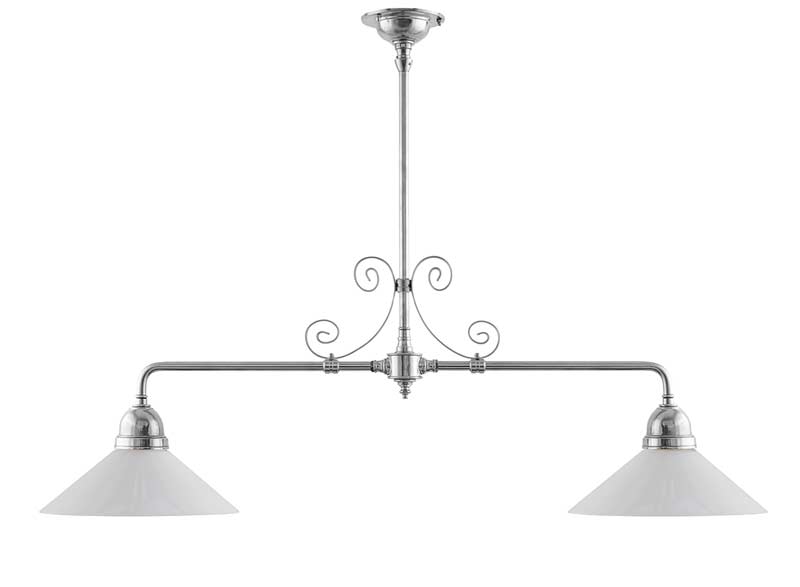 Deckenlampe – Spieltischlampe vernickelt mit Ornamenten, weißer Schirm