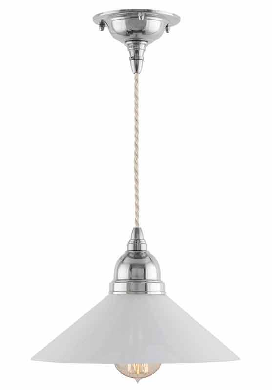 Taklampe - Byström snorpendel 60 forniklet, hvit skjerm - arvestykke - gammeldags dekor - klassisk stil - retro - sekelskifte