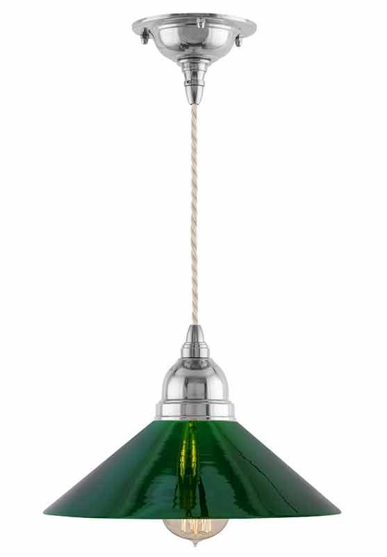 Taklampe - Byström snorpendel 60 forniklet, grønn skjerm - arvestykke - gammeldags dekor - klassisk stil - retro - sekelskifte