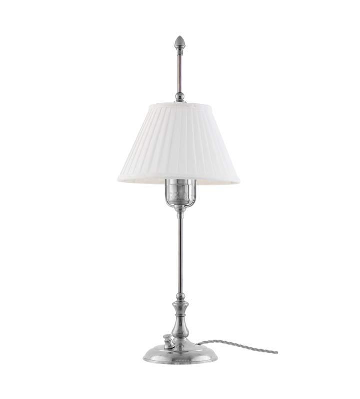 Bordlampe - Kellgren nikkel, hvit skjerm - arvestykke - gammeldags dekor - klassisk stil - retro - sekelskifte
