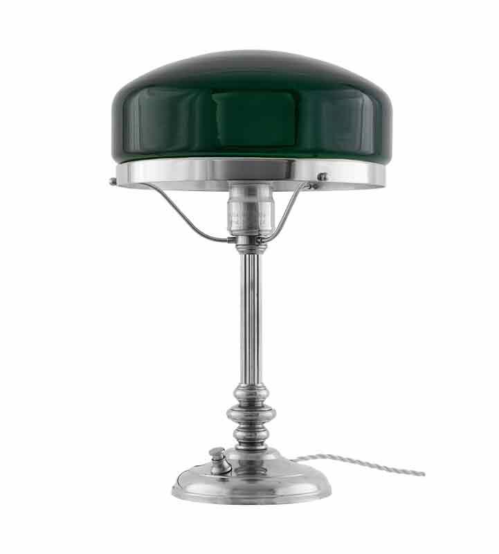 Bordlampe - Karlfeldt nikkel, grønn skjerm - arvestykke - gammeldags dekor - klassisk stil - retro - sekelskifte