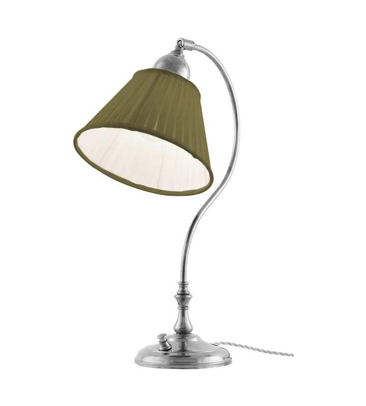 Bordslampa - Lagerlöf förnicklad med grön tygskärm - gammaldags inredning - klassisk stil - retro - sekelskifte