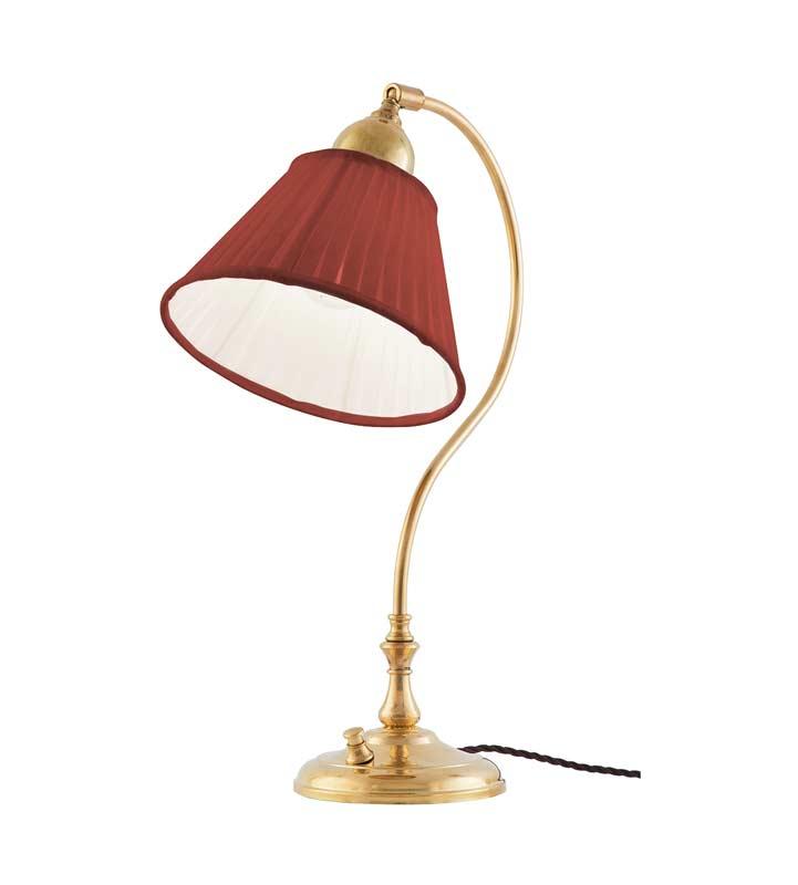 Bordlampe - Lagerlöf messing med rød tekstilskjerm - arvestykke - gammeldags dekor - klassisk stil - retro - sekelskifte