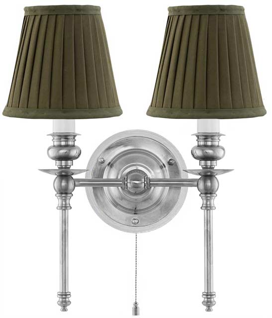Vägglampa - Wivallius nickel, grön tygskärm - gammaldags inredning - klassisk stil - retro - sekelskifte