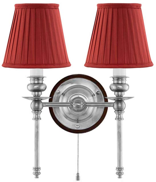 Vägglampa - Wivallius nickel, röd tygskärm - gammaldags inredning - klassisk stil - retro - sekelskifte